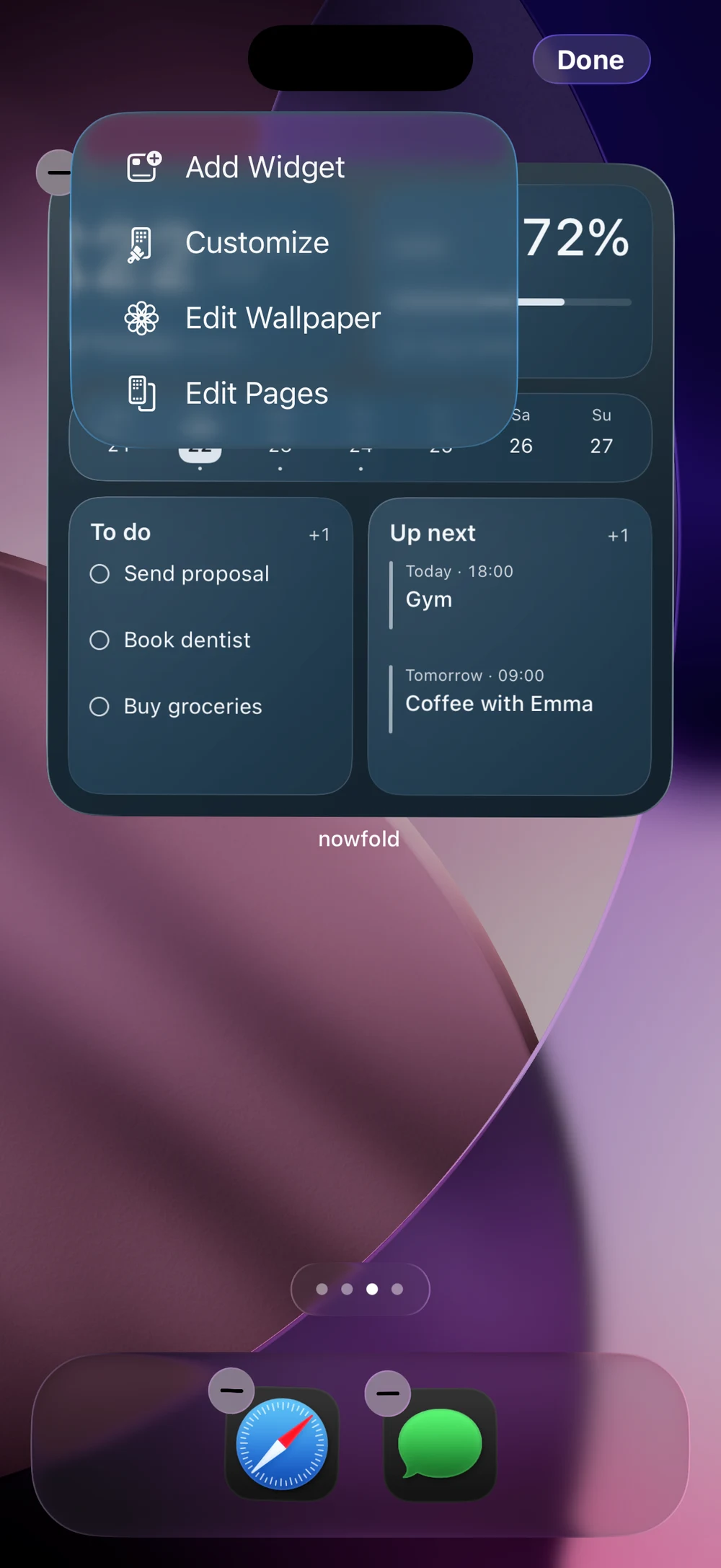 The iPhone Home Screen in editing mode with the Edit menu open and Add Widget at the top.