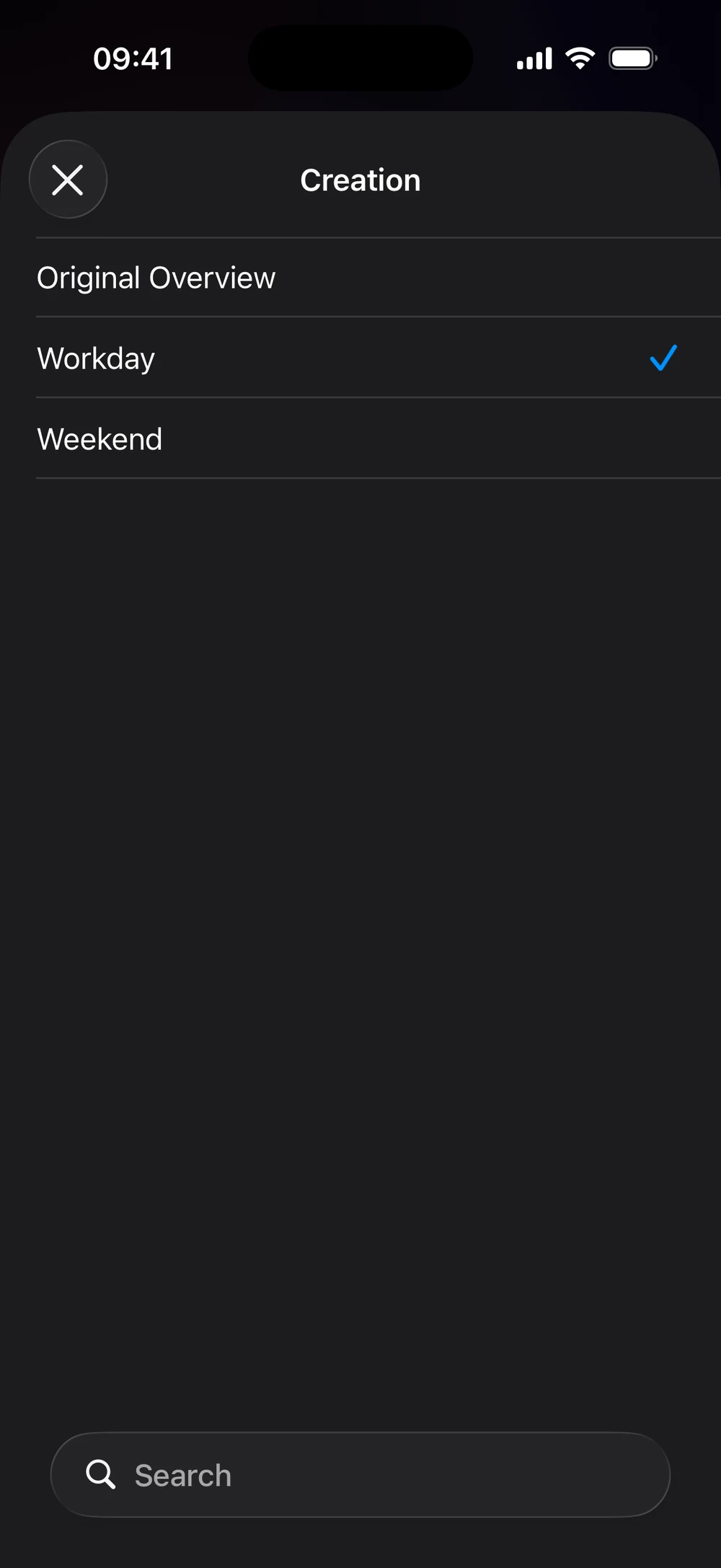 The iOS Creation picker listing Original Overview, Workday and Weekend, with Workday selected.