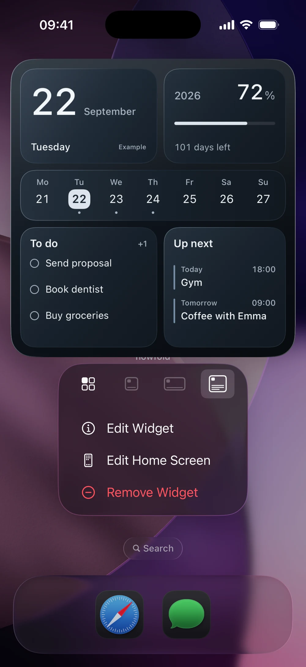 The menu shown after holding Overview on the Home Screen, with Edit Widget above Edit Home Screen and Remove Widget.