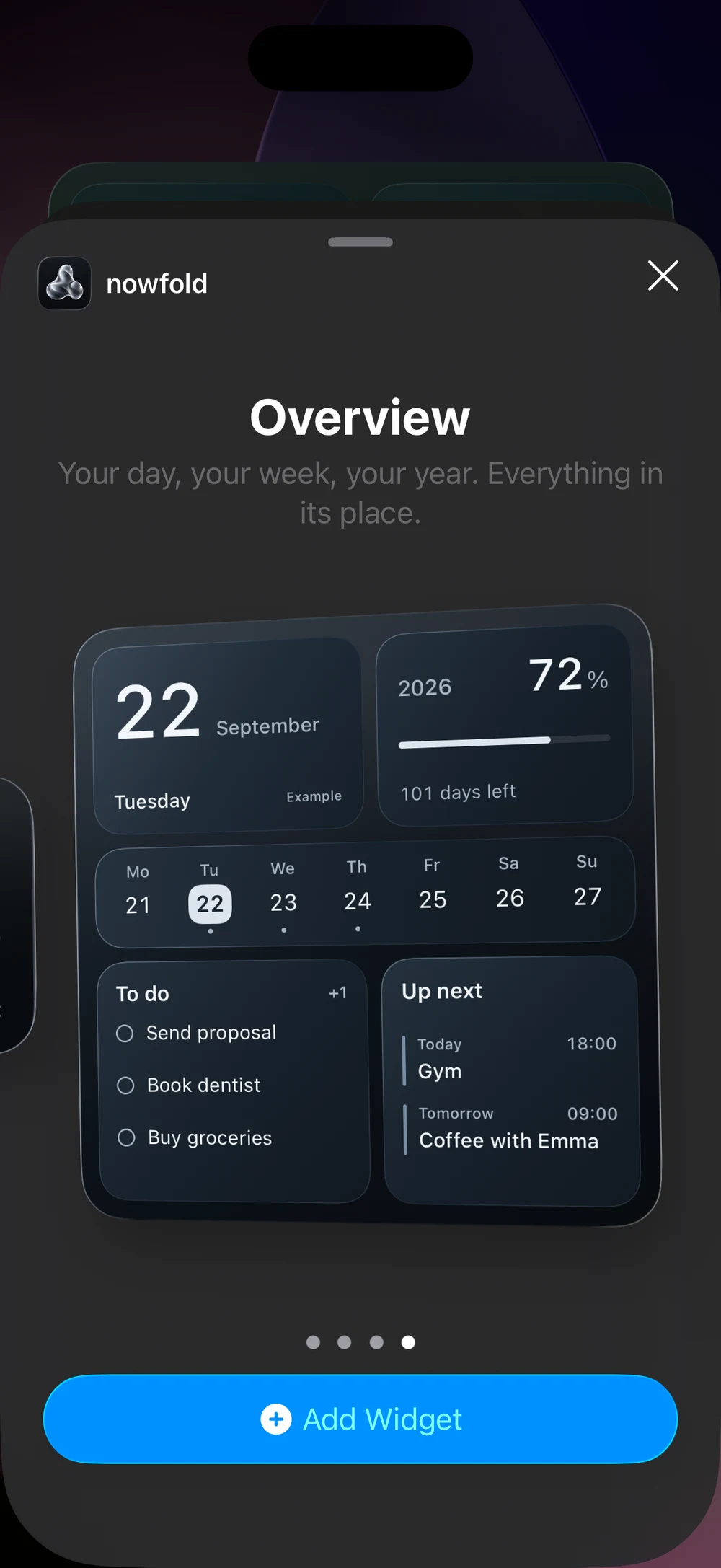 Nowfold’s Overview widget in the iOS widget gallery, with the Add Widget button below its preview.