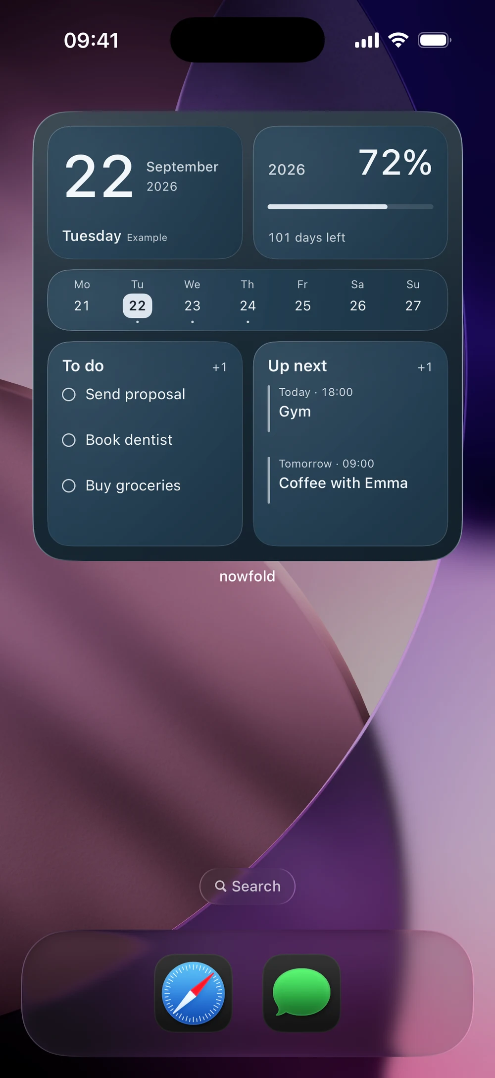 The same Home Screen widget after selecting Weekend, now using the blue Glacier finish.