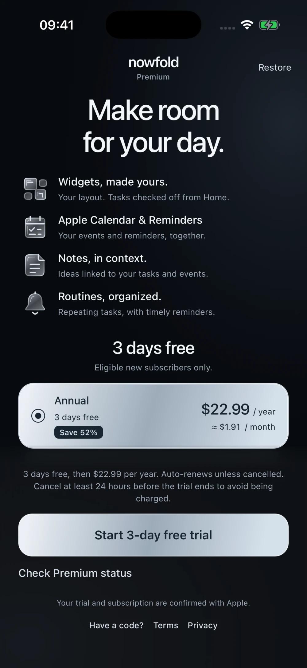 Nowfold’s updated Premium screen with Check Premium status below the main button after requesting code redemption, and Restore at the top right.