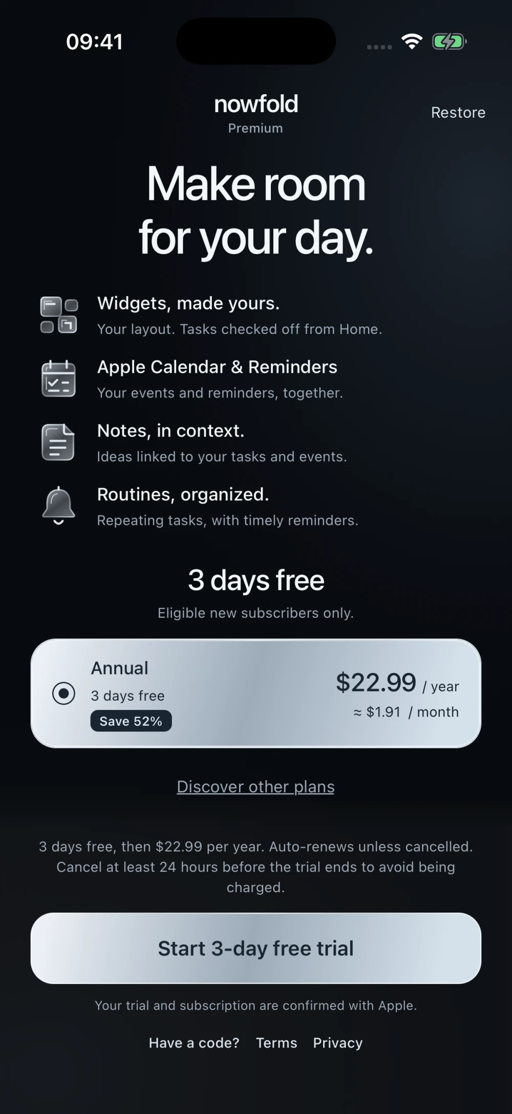 Nowfold’s updated Premium screen with Annual selected, Restore at the top right and Have a code? below the main button, next to Terms and Privacy.
