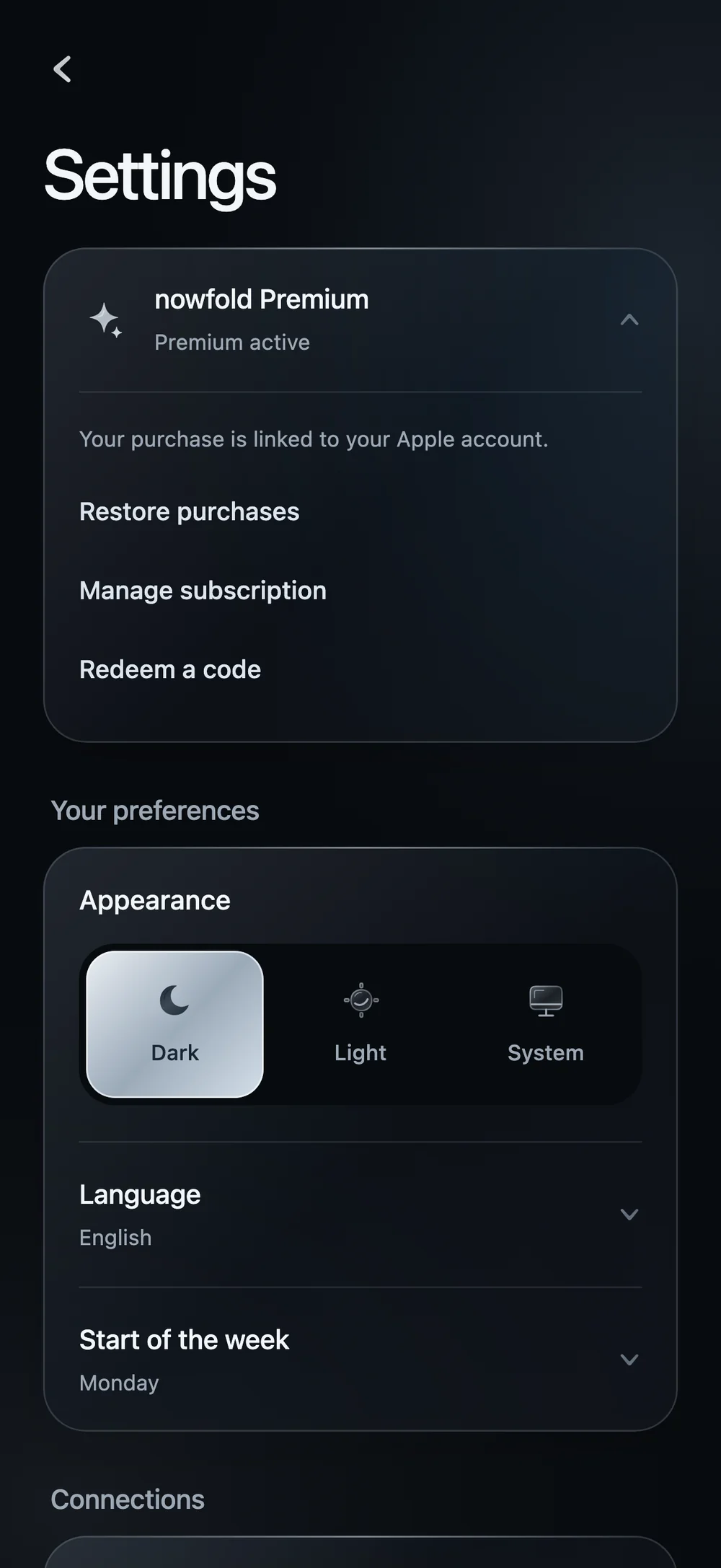 Nowfold Settings with the Premium section expanded to show Restore purchases, Manage subscription and Redeem a code, using an example subscription.