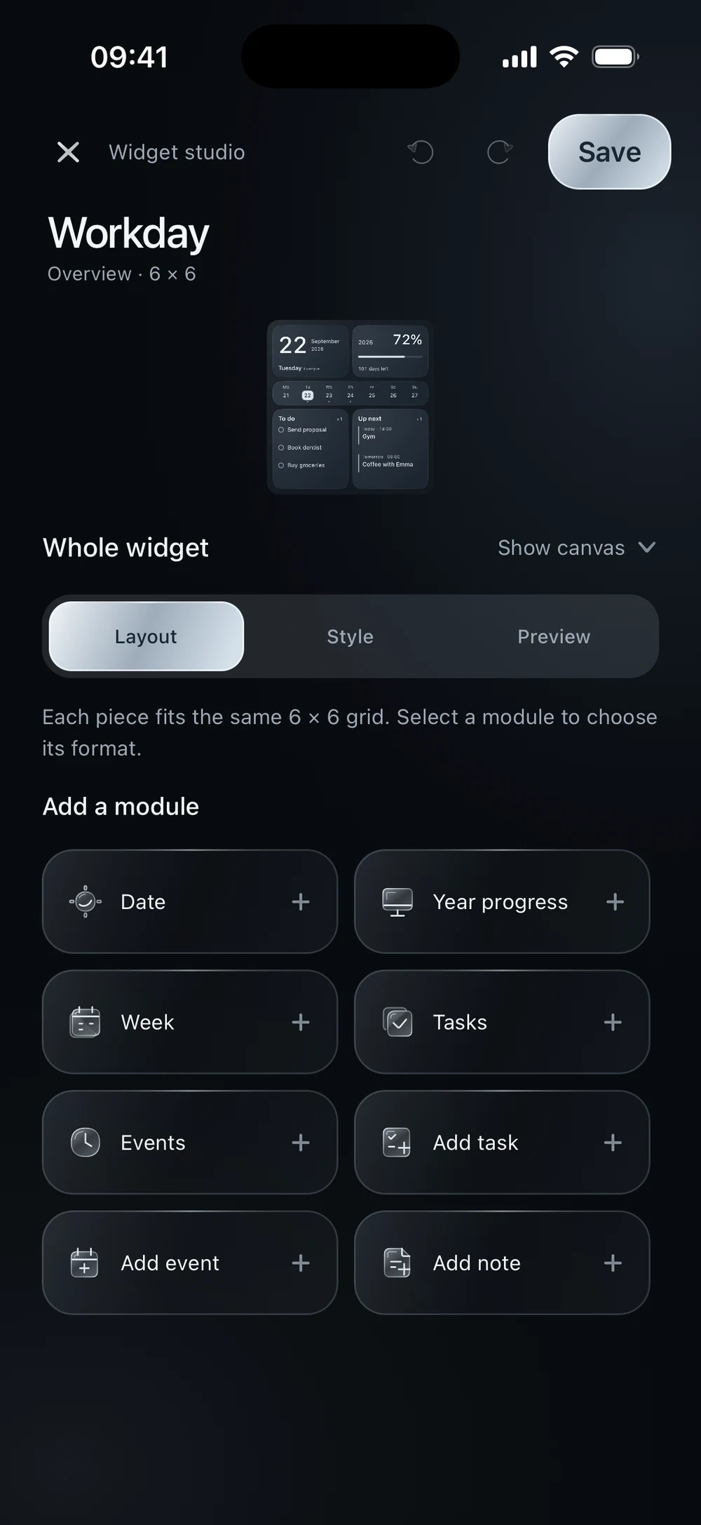 The Widget studio’s Layout panel showing Date, Year Progress, Week, Tasks, Events and the three shortcut blocks.