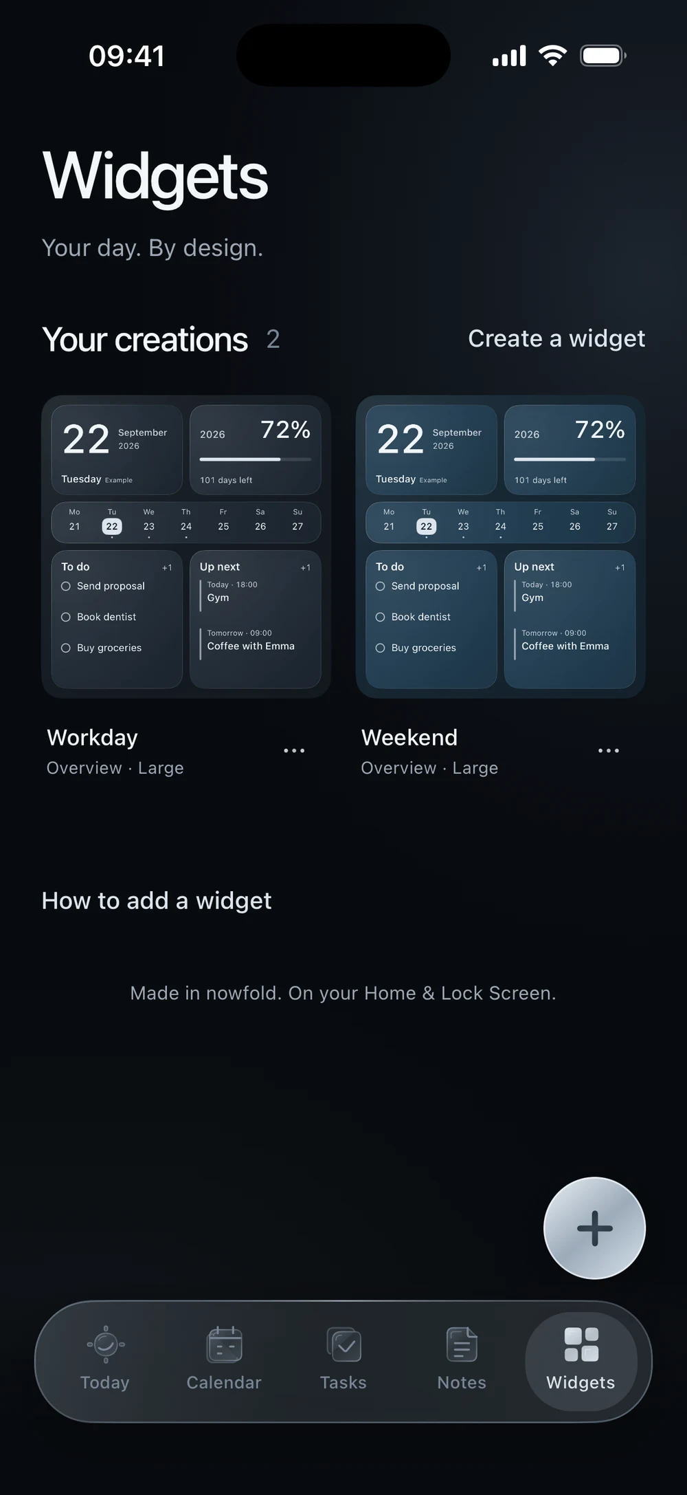 Nowfold’s Widgets tab with saved Workday and Weekend creations and the Create a widget button.