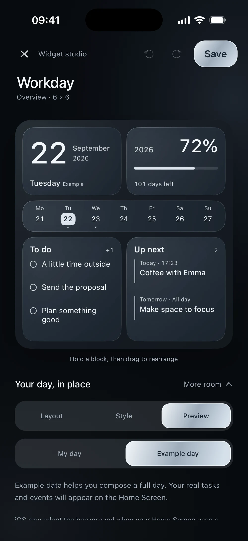 The full Workday widget preview with Example day selected and the Save button at the top.