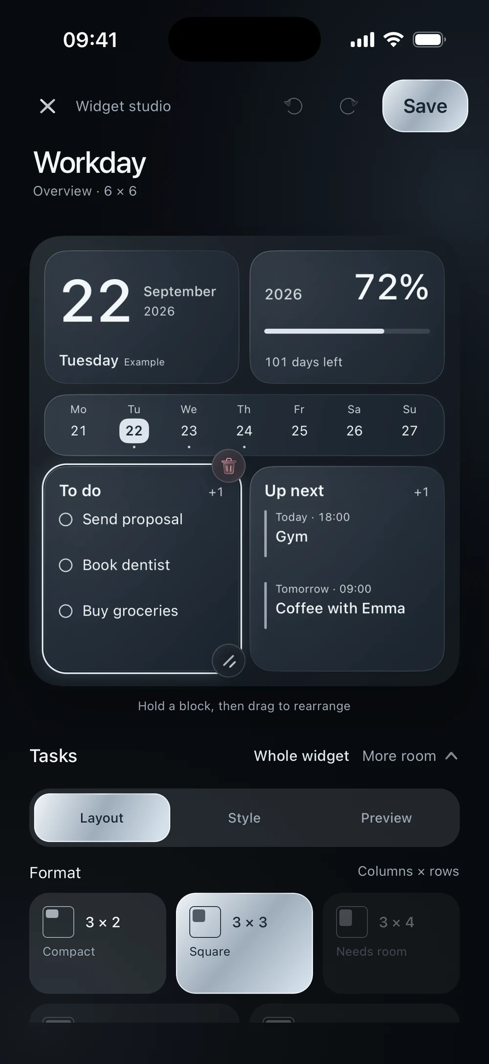 Workday in the Widget studio with the Tasks block selected and its available Layout sizes below.