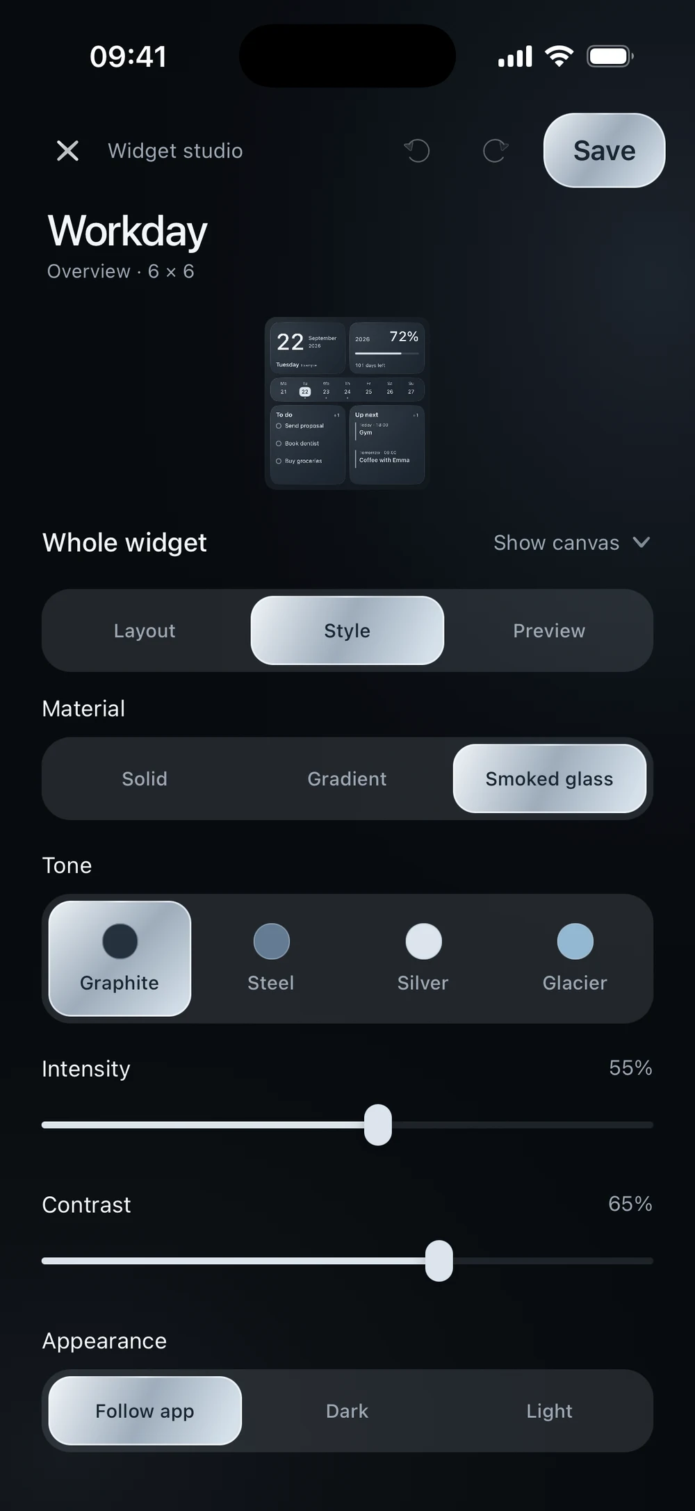 Workday’s Style panel with Whole widget selected and controls for material, tone, intensity, contrast and appearance.