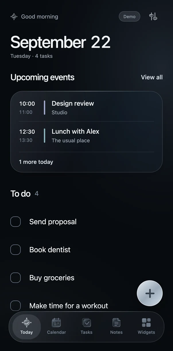 Nowfold’s Today screen with upcoming events, four tasks and the Notes tab in its dark glass interface.