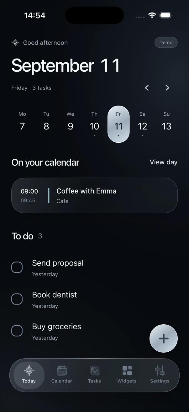 Nowfold’s Today screen showing September 11, a coffee event and three tasks in its dark glass interface.